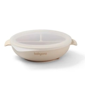 Babyono Silicone Suction Πιάτο Σιλικόνης με 3 Θέσεις & Καπάκι & Βάση με Βεντούζα Μπεζ 1 Τεμάχιο