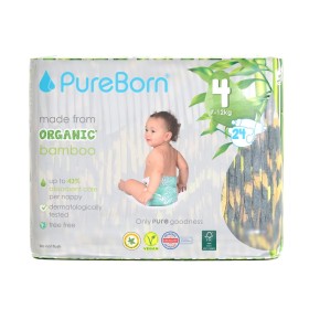 PUREBORN Organic Bamboo Unisex Nappies Leopard Βρεφικές Πάνες από Βιολογικές Ίνες Μπαμπού με Ενισχυμένο Απορροφητικό Πυρήνα & Δείκτη Υγρασίας με Σχέδιο Λεοπάρδαλη No4 (7-12kg) 24 Τεμάχια