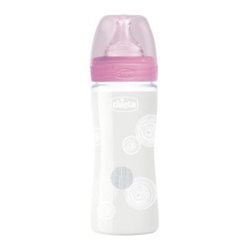 CHICCO Well Being Glass Baby Bottle - Slow Flow - 0m+ with Silicone Nipple Pink 240ml