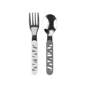 BABYONO Stainless Steel Spoon & Fork Σετ Κουτάλι & Πιρούνι από Ανοξείδωτο Ατσάλι Άσπρο-Γκρι 12m+ 2 Τεμάχια