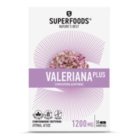 SUPERFOODS Valeriana Plus 1200mg Συμπλήρωμα με Βαλεριάνα Κατά της Αϋπνίας & του Άγχους 50 Κάψουλες
