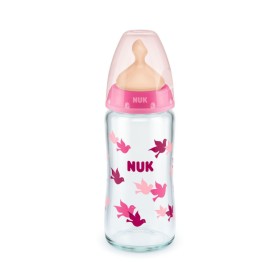 NUK First Choice+ Glass Baby Bottle Pink With Birds Latex Nipple 0-6m Temperature Control 240ml [10.745.125]