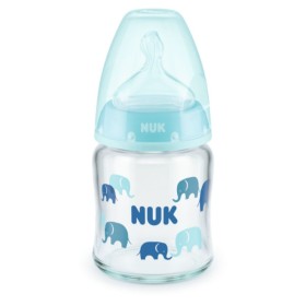 NUK First Choice+ Glass Baby Bottle Blue With Elephants Silicone Nipple 0-6m Temperature Control 120ml [10.747.117]