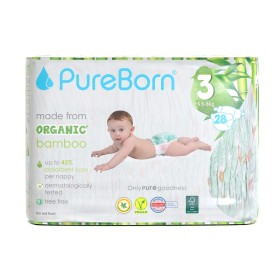 Pureborn Organic Bamboo Unisex Nappies Daises Βρεφικές Πάνες Από Βιολογικές Ίνες Μπαμπού με Ενισχυμένο Απορροφητικό Πυρήνα & Δείκτη Υγρασίας με Σχέδιο Μαργαρίτα No3 (5.5-8kg) 28 Τεμάχια