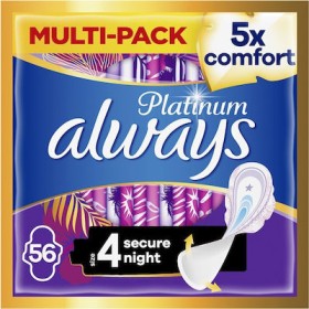 ALWAYS Platinum 4 Secure Night Pads with Wings Size 4 56 Pieces