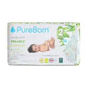 PUREBORN Organic Bamboo Unisex Nappies Βρεφικές Πάνες από Βιολογικές Ίνες Μπαμπού με Ενισχυμένο Απορροφητικό Πυρήνα & Δείκτη Υγρασίας με Σχέδιο Μαργαρίτα  No2 (3-6kg) 32 Τεμάχια