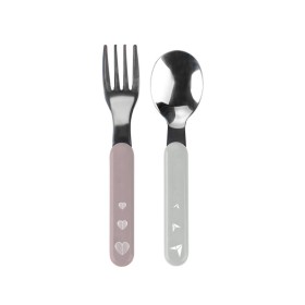 BABYONO Stainless Steel Spoon & Fork κουτάλι & Πιρούνι από Ανοξείδωτο Ατσάλι Ροζ-Γκρι 12m+ 2 Τεμάχια