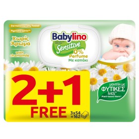 BABYLINO Promo Sensitive Baby Wipes with Chamomile without Fragrance with Cap 3x54 Pieces [2+1 Gift]