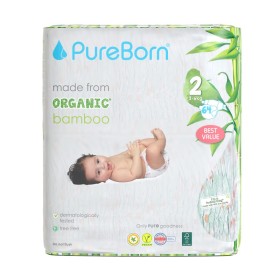Pureborn Born Organic Bamboo Unisex Nappies Βρεφικές Πάνες Από Βιολογικές Ίνες Μπαμπού με Ενισχυμένο Απορροφητικό Πυρήνα & Δείκτη Υγρασίας με Σχέδιο Μαργαρίτα No2 (3-6kg) 64 Τεμάχια