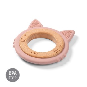 BABYONO Wooden & Silicone Teether Kitten Orthodontic Soft Silicone & Wood Teether Pink 1 Piece