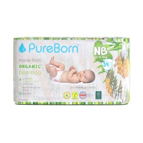 PUREBORN Organic Bamboo Unisex Nappies New Born Βρεφικές Πάνες από Βιολογικές Ίνες Μπαμπού με Ενισχυμένο Απορροφητικό Πυρήνα & Δείκτη Υγρασίας ως 5kg  34 Τεμάχια