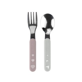 Babyono Stainless Steel Spoon & Fork Κουτάλι & Πιρούνι Από Ανοξείδωτο Ατσάλι Ροζ-Γκρι 12m+ 2 Τεμάχια