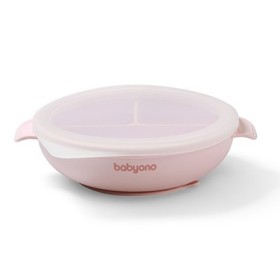 Babyono Silicone Suction Πιάτο Σιλικόνης με 3 Θέσεις & Καπάκι & Βάση με Βεντούζα Ροζ 1 Τεμάχιο