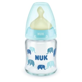 NUK First Choice+ Μπιμπερό Γαλάζια Ελεφαντάκια Γυάλινο Με Θηλή Latex 0-6m 120ml Temperature Control [10.747.118]