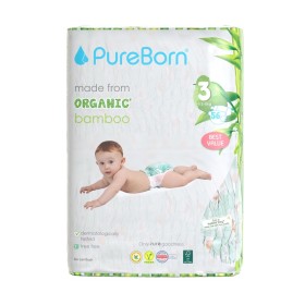 Pureborn Organic Bamboo Unisex Nappies Βρεφικές Πάνες Από Βιολογικές Ίνες Μπαμπού με Ενισχυμένο Απορροφητικό Πυρήνα & Δείκτη Υγρασίας με Σχέδιο Μαργαρίτα No3 (5.5-8kg) 56 Τεμάχια