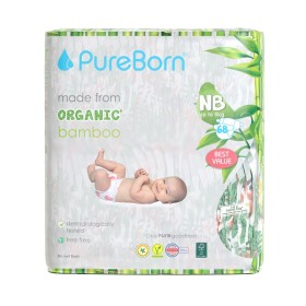 Pureborn Organic Bamboo Unisex Nappies New Born Βρεφικές Πάνες Από Βιολογικές Ίνες Μπαμπού με Ενισχυμένο Απορροφητικό Πυρήνα & Δείκτη Υγρασίας με Σχέδιο Τροπικά Φυτά (Ως 5 Kg) 68 Τεμάχια