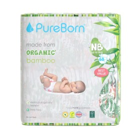 PUREBORN Organic Bamboo Unisex Nappies New Born Βρεφικές Πάνες από Βιολογικές Ίνες Μπαμπού με Ενισχυμένο Απορροφητικό Πυρήνα & Δείκτη Υγρασίας με Σχέδιο Τροπικά Φυτά (ως 5 kg) 68 Τεμάχια