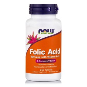 NOW Folic Acid 800 mcg + B-12 25 mcg  Συμπλήρωμα με Φολικό Οξύ & Βιταμίνη B για την Εγκυμοσύνη 250 Ταμπλέτες