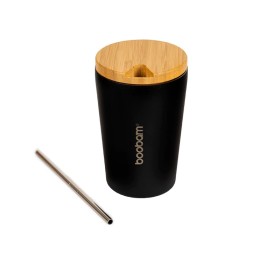 BOOBAM Reusable Stainless Steel Thermos Cup with Metal Straw and Cleaning Brush Black 350ml