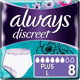 ALWAYS Discreet Pants Plus Μέγεθος L Πάνες-Βρακάκια Ακράτειας 8 Τεμάχια